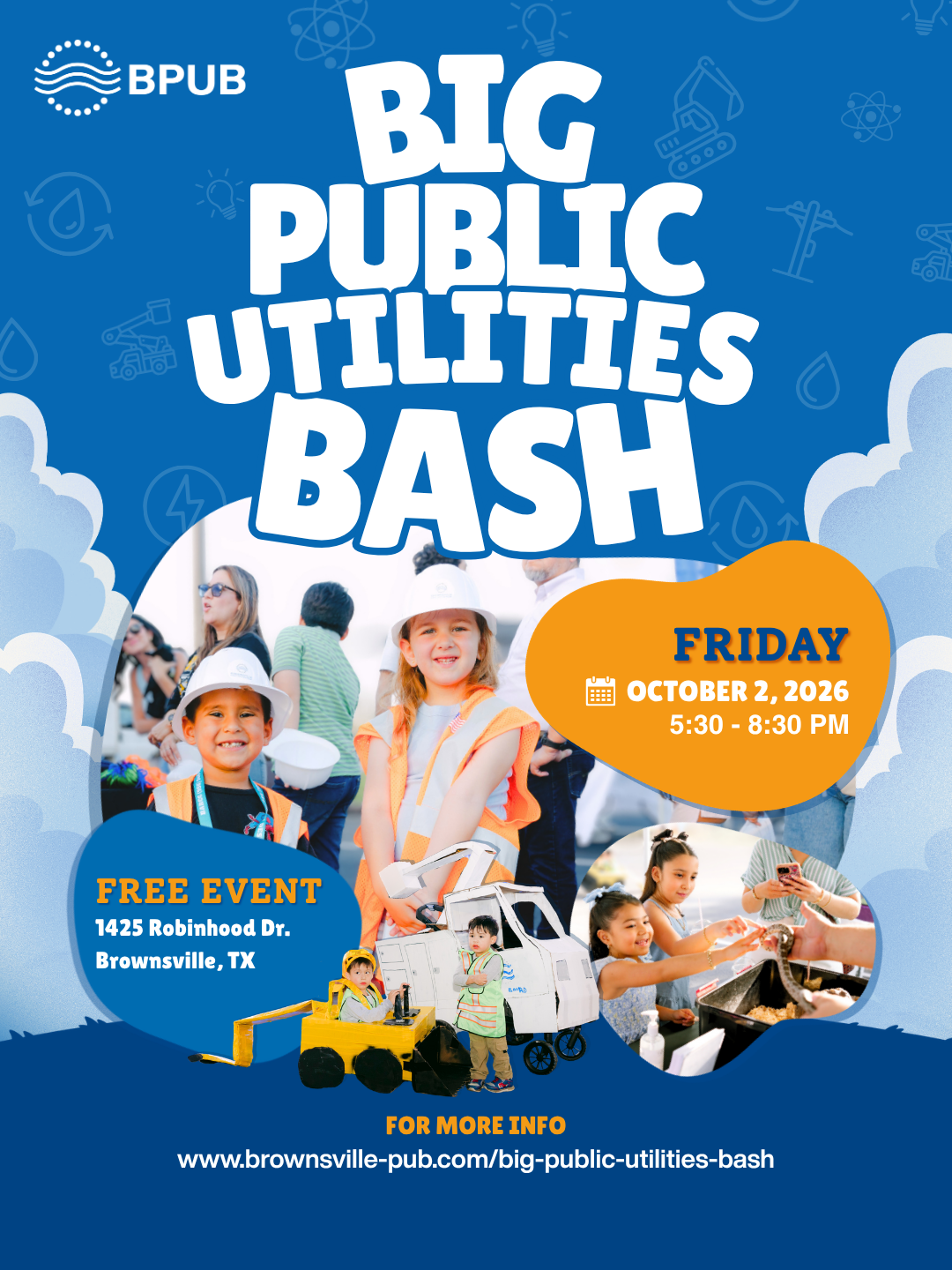 Póster del evento Gran Fiesta de los Servicios Públicos: viernes 2 de octubre de 2026, de 5:30 a 8:30 p. m. en 1425 Robinhood Dr., Brownsville, TX. Evento gratuito.