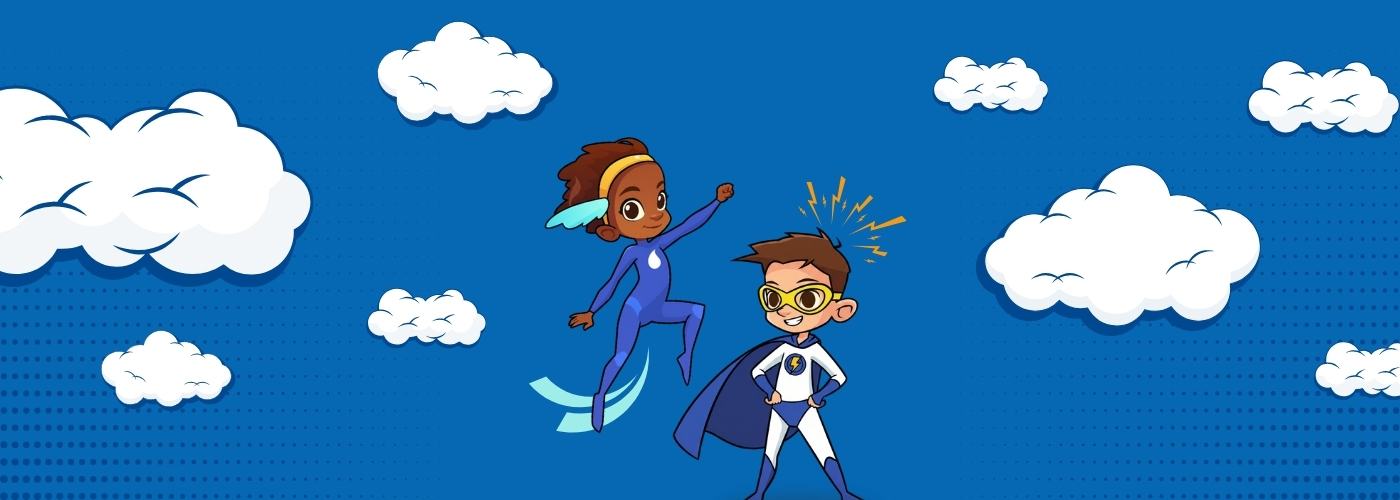Two young Conservation Superheroes flying above the clouds